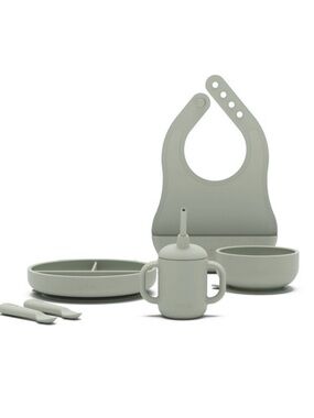 Lalo Silicone 6 piece Baby Feeding Set with Bib - Sage Green